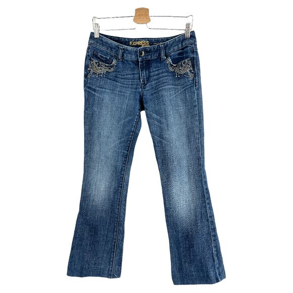 Express (6) Stella Bootcut Jeans (30x29) Shirt Dark Wash Low Rise Crystal Stud - Picture 2 of 13